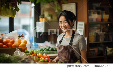 Asian woman working at a greengrocer 108664258