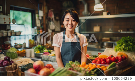 Asian woman working at a greengrocer 108664259