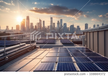 solar panels on city rooftop with downtown and blue sky in the background. AI 108664372