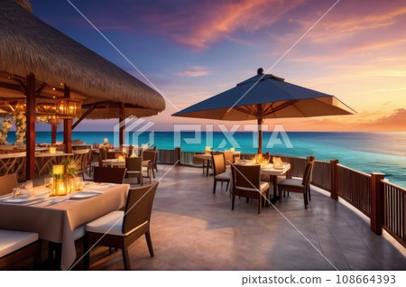 Outdoor restaurant at the beach. Table setting at tropical beach restaurant. beautiful sunset sky, sea view. Luxury hotel or resort restaurant. AI Outdoor restaurant at the beach. Table setting at tropical beach restaurant. beautiful sunset sky, sea view. Luxury hotel or resort restaurant. AI 108664393