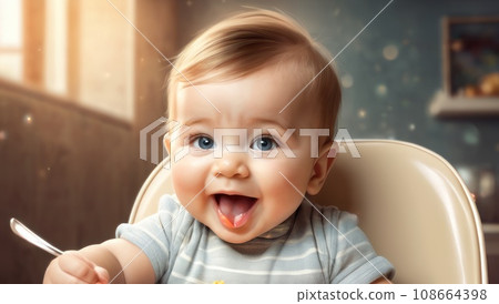 Cheerful baby child eats food itself with spoon. Portrait of happy kid boy in high chair. AI Cheerful baby child eats food itself with spoon. Portrait of happy kid boy in high chair. AI 108664398
