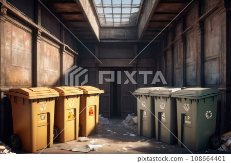 waste collection compartments by categories for recycling in european city street. AI 108664401