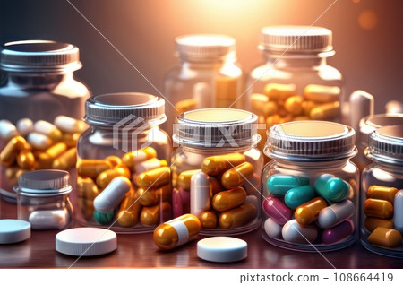 Pills or meds in blisters and jars. Concept of medication, medicament, medicine, pharmaceutical drug, medical treatment, pharmacology. AI 108664419
