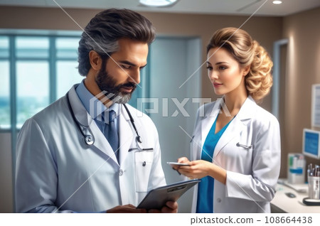 Endocrinologist conducts the patient reception in the hospital. adult neat beautiful woman with big hairs take consult from medical specialist. Healthcare and wellness concept.. AI Endocrinologist conducts the patient reception in the hospital. adult neat beautiful woman with big hairs take consult from medical specialist. Healthcare and wellness concept.. AI 108664438