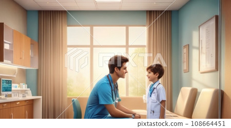 Allergist conducts the patient reception in the hospital. child slender boy with medium hairs take consult from medical specialist. Healthcare and wellness concept.. AI 108664451