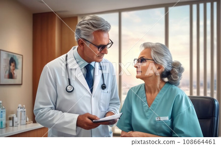 Ophthalmologist conducts the patient reception in the hospital. elderly slim handsome male with cloud hairs take consult from medical specialist. Healthcare and wellness concept.. AI 108664461