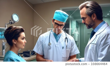 Surgeon conducts the patient reception in the hospital. grown-up short male with voluminous hairs take consult from medical specialist. Healthcare and wellness concept.. AI 108664464