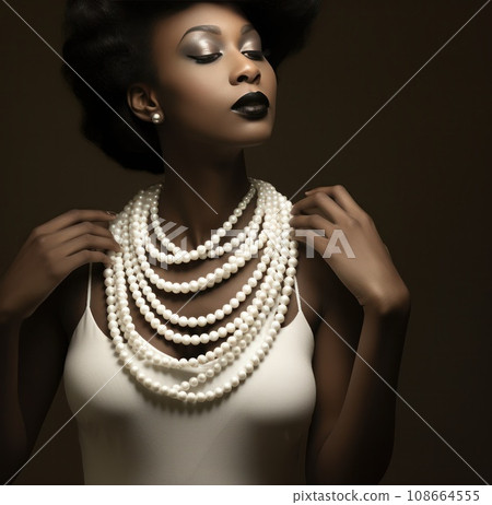 a woman holding a pearl necklace a woman holding a pearl necklace 108664555