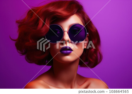 woman in sunglasses against violet background 108664565
