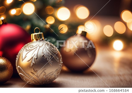 close-up christmas decorations background with selective focus and background blur. AI 108664584