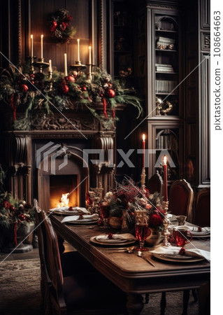 a christmas table with fireplace in the room 108664663