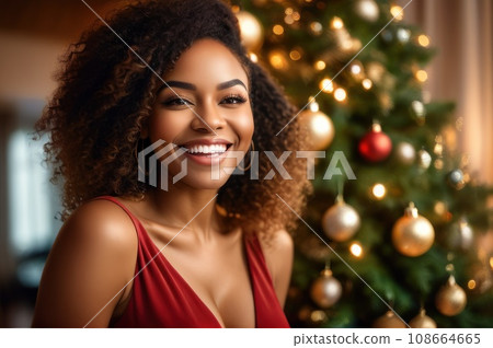 Close Up portrait smiling happy African American female laughing, looking at camera, posing on Christmas tree background at home, blogger shooting vlog, having fun. AI 108664665