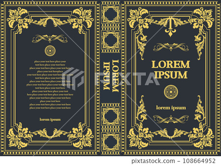 Ornate leather book cover and Old retro ornament frames. Royal Golden style design. Vintage Border to be printed on the covers of books. Vector illustration 108664952