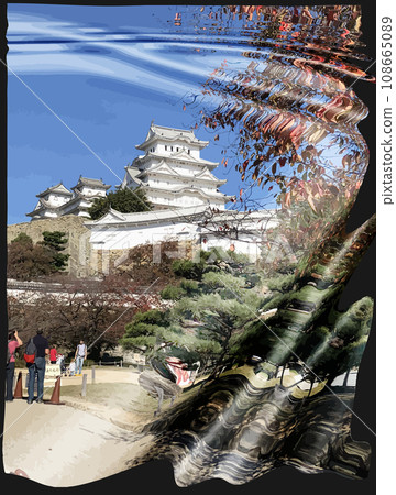 Japanese temple in a distorted mirror. Color vector illustration Japanese temple in a distorted mirror. Color vector illustration 108665089