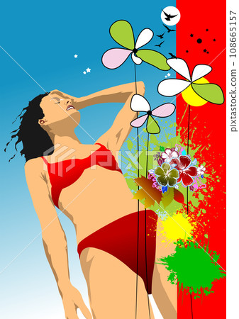 Abstract summer background with young woman image. 3d vector illustration Abstract summer background with young woman image. 3d vector illustration 108665157