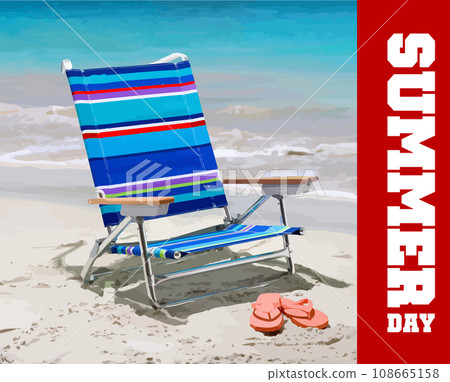 Tropical still life. Dawn on the sandy coast with lounger on the beach. 3d vector illustration Tropical still life. Dawn on the sandy coast with lounger on the beach. 3d vector illustration 108665158