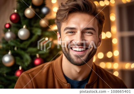 Close up portrait of happy young Caucasian man look at camera celebrate New Year in cozy home. Overjoyed excited millennial male have fun enjoy Christmas winter holidays, greeting or congratulating.. 108665401