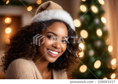 Medium shot portrait optimistic happy African American beautiful girl laughing, looking at camera, posing on Christmas tree background at home, blogger shooting vlog. AI 108665417