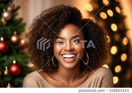 Close Up portrait smiling happy African American female laughing, looking at camera, posing on Christmas tree background at home, blogger shooting vlog, having fun. AI Close Up portrait smiling happy African American female laughing, looking at camera, posing on Christmas tree background at home, blogger shooting vlog, having fun. AI 108665424