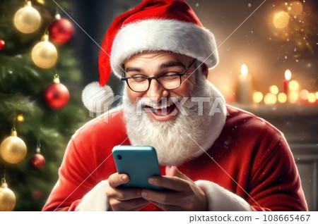 Cheerful optimistic Xmas male in Santa cap excited with good news about gift, looking at smartphone screen, reading text, chatting online, celebrating Christmas holiday, New Year congratulations. AI 108665467