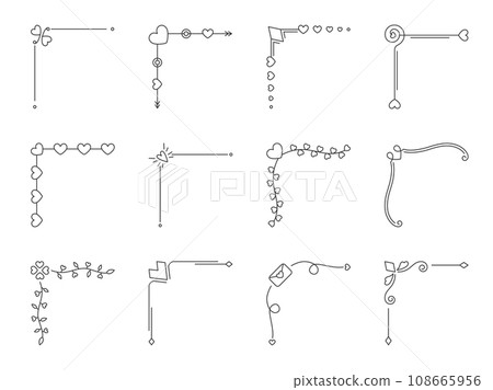 Corner frame heart divider black editable stroke line set. Ornament curl classic design valentine separator floral text frame wedding love invitation banner postcard border filigree engraving isolated Corner frame heart divider black editable stroke line set. Ornament curl classic design valentine separator floral text frame wedding love invitation banner postcard border filigree engraving isolated 108665956