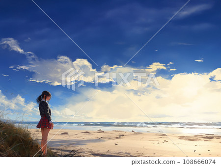 夏末，一個女孩站在沙灘上，遺憾著逝去的夏天-C 108666074