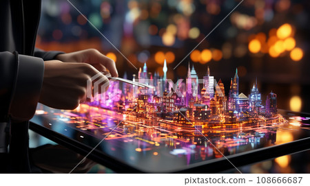 Businessman hands touch on virtual futuristic cyber city, network system, digital future and innovation in city, technology information 108666687