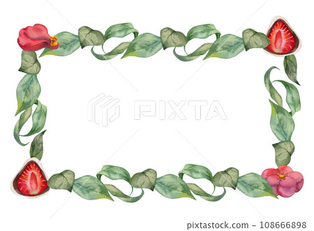 Watercolor hand drawn traditional Japanese sweets. Frame with winter wagashi and camellia. Isolated on white background. Design for invitations, restaurant menu, greeting cards, print, textile Watercolor hand drawn traditional Japanese sweets. Frame with winter wagashi and camellia. Isolated on white background. Design for invitations, restaurant menu, greeting cards, print, textile 108666898