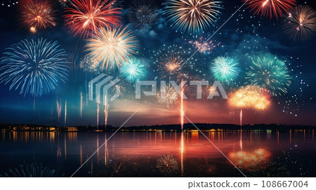 fireworks over night city sky, holiday background, bright colorful lights 108667004