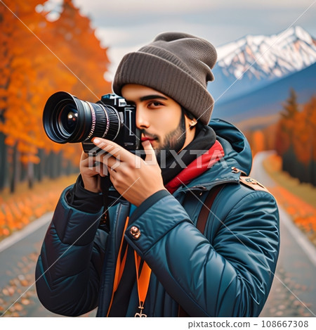 A dark-skinned male photographer with a beard in a hat and a winter jacket. A dark-skinned male photographer with a beard in a hat and a winter jacket. 108667308