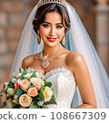 Beautiful dark-skinned dark-haired bride with tiara.  108667309