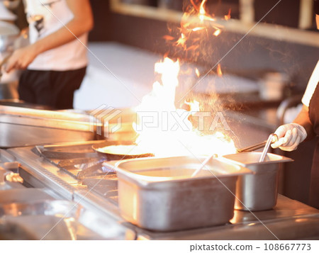 Chef cooking flambe on food in restaurant kitchen closeup 108667773