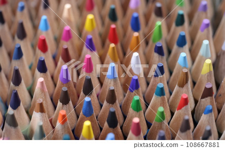 Closeup of many multicolored sharp wooden pencils 108667881