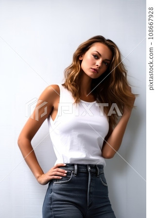 fashion model girl in jeans and white top 108667928