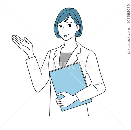 A woman in a white coat guiding with a smile 108668080