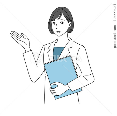 A woman in a white coat guiding with a smile 108668081