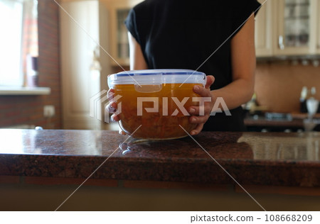 Housewife holding plastic container with soup in her hands closeup 108668209