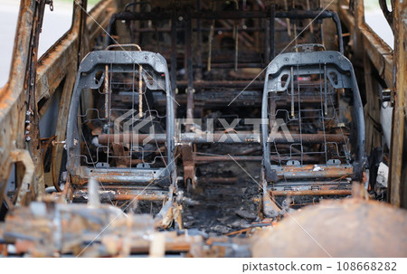 Burnt car after accident. Insurance compensation after car arson 108668282
