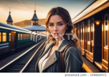 optimistic beautiful woman on railway station perron at spring early morning. Travelling and vacations concept.. AI 108668472