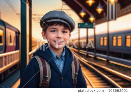 cheerful boy on railway station perron at spring late evening. Travelling and vacations concept.. AI 108668491