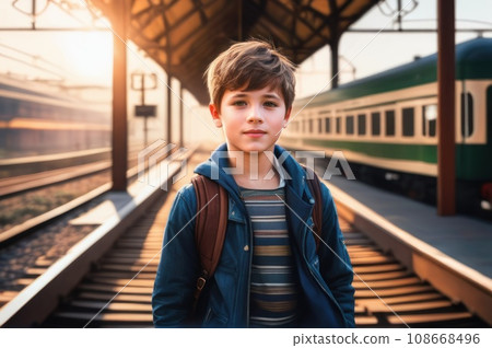 positive boy on railway station perron at spring morning. Travelling and vacations concept.. AI 108668496