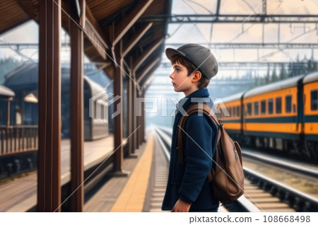 positive boy on railway station perron at fall noon. Travelling and vacations concept.. AI positive boy on railway station perron at fall noon. Travelling and vacations concept.. AI 108668498