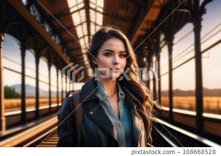 happy beautiful female on railway station perron at spring late afternoon. Travelling and vacations concept.. AI 108668528