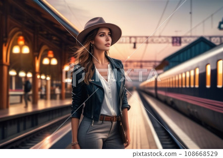 optimistic beautiful female on railway station perron at summer late evening. Travelling and vacations concept. AI 108668529