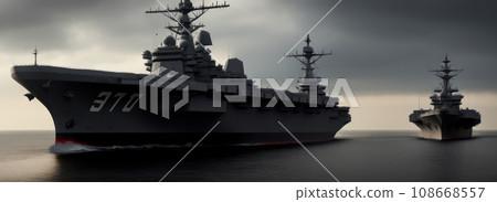 panoramic view of a generic military aircraft carrier ship with fighter jets take off. Nuclear ship Military navy war in sea or ocean carrier full loading fighter jet aircraft. Banner. AI 108668557