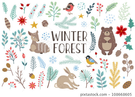 Winter forest floral and animals design elements 108668605