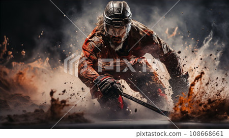 Hockey player with stick playing in arena with mud 108668661