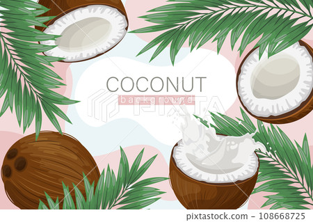 Coconut background. Cosmetic label background, realistic coconut milk, coconut and palm leaves on abstract pink texture. Beach poster. Vector 108668725