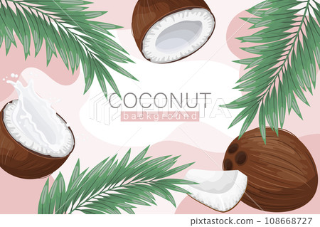 Coconut background. Cosmetic label background, realistic coconut milk, coconut and palm leaves on abstract pink texture. Beach poster. Vector 108668727