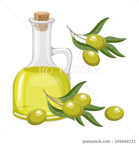 Olive oil and twigs with olives and leaves. Food illustration, vector Olive oil and twigs with olives and leaves. Food illustration, vector 108668732